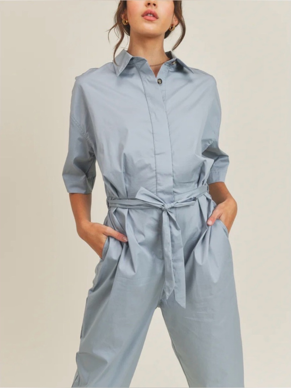 Mable Dulce Poplin Jumpsuit Boilersuit Large Blue Collared Belted Utilitarian